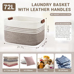 72L Woven Laundry Basket Hamper with Leather Handles,Dark Brown - Image 2