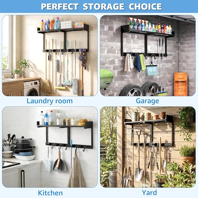 27" Mop and Broom Holder Wall Mount with Top Storage Shelf & Hooks,Black - Image 6