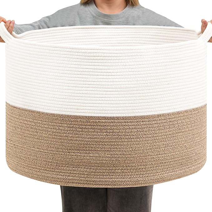Foldable Laundry Hamper Basket with Collapsible Handle Cotton Rope Soft Woven Fabric Storage Organizer Clothes Toys Nursery Bedroom Dorm Space Saving Bin (White & Brown, 80L(21.7"D x 13.8"H)) by BEVOVBE