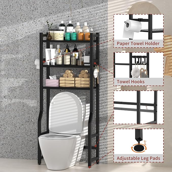 Livilord 3 Tier Over The Toilet Storage Rack with Toilet Paper Holder, Metal Freestanding Bathroom Shelves with 4 Hooks, Over Toilet Storage Shelf for Bathroom Storage, Black - Image 4