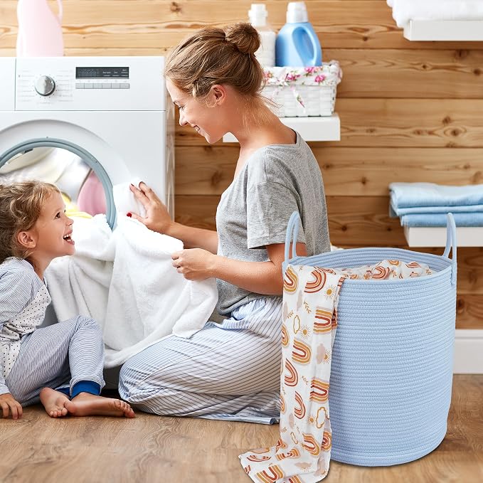 XUANGUO Cotton Rope Laundry Basket Hamper for Clothes, light blue - Image 4