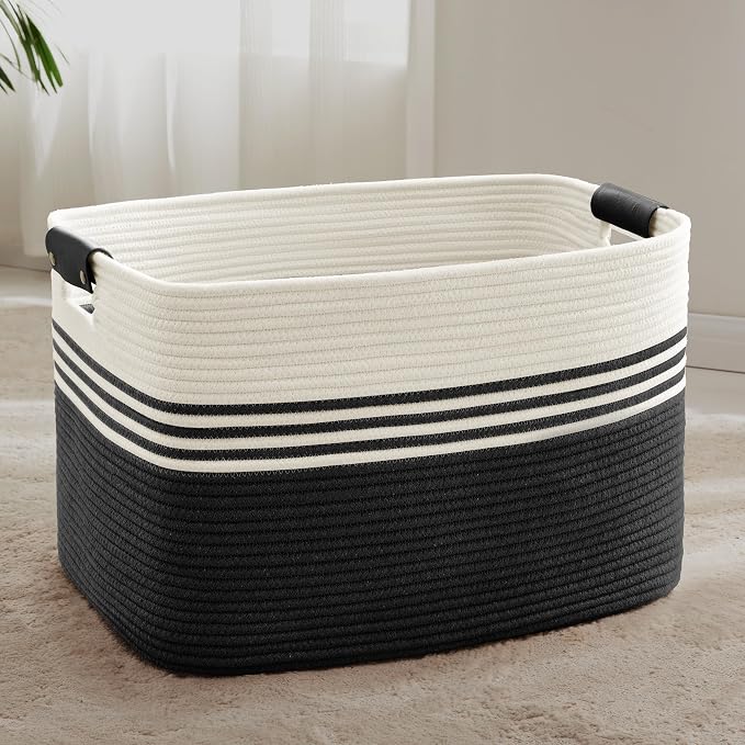 86L Large Woven Laundry Basket Hamper with Leather Handles,Black by SunNewt