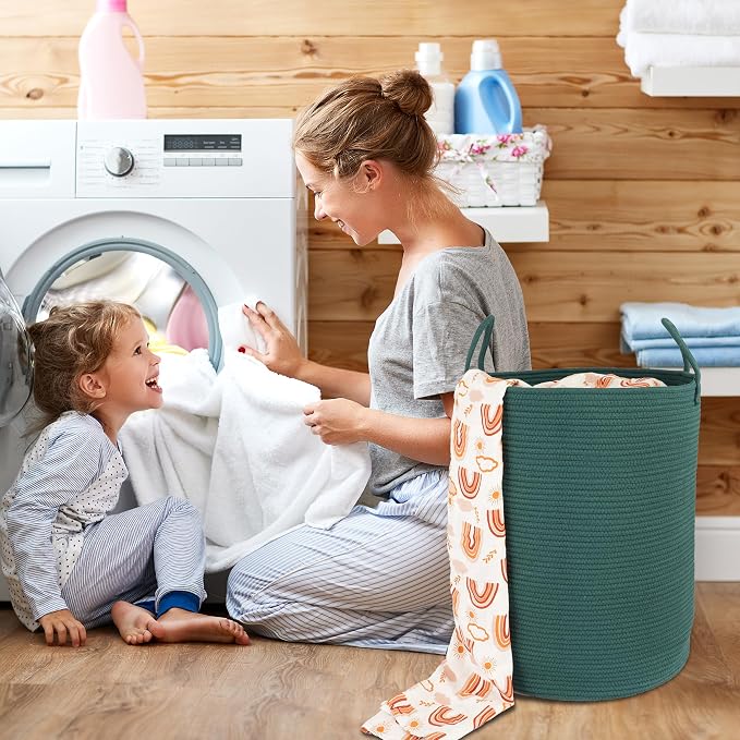 XUANGUO Cotton Rope Laundry Basket Hamper for Clothes Large Dark Green - Image 4