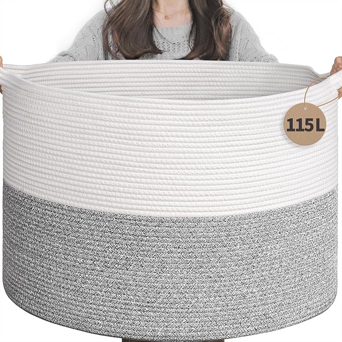 INDRESSME 115L Extra Large Woven Rope Blanket Basket Living Room Light Grey by INDRESSME