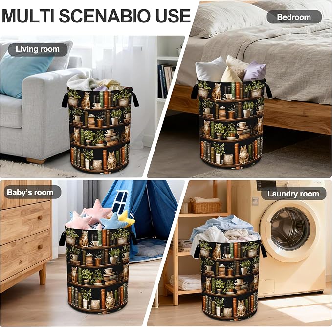 Wooden Bookshelf Cat Laundry Basket Storage Bin Foldable Laundry Hamper Clothes Storage Bucket Organizer 19.6x15.7 Inch For Laundry Room/Bedroom/Bathroom - Image 6