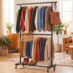 Sywhitta Double Rod Metal Clothing Garment Rack on Wheels, Black - Image 3