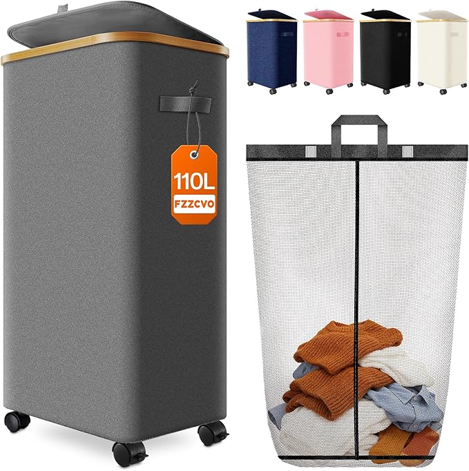 Laundry Basket with Wheels, 110L Large Rolling Laundry Hamper for Dorm by Fzzcvo