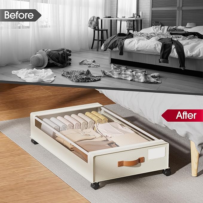 Yecaye 60L Under Bed Storage Containers with Wheels, 2 Pack Under Bed Storage Containers, Underbed Shoe Storage with Clear Window & Label, Rolling Under Bed Metal Drawer for Shoes, Clothes, Beige - Image 5