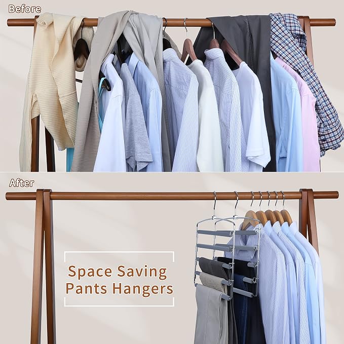 TOPIA HANGER Pants Hangers Space Saving with 5 Tiers Non-Slip Foam Padded | 2 Pack 80% Space Save Closet Orgainzer, 360° Swivel Hook, Multi Layers Swing Arm Non-Slip Foam Padded for Pants Jeans Gray - Image 4