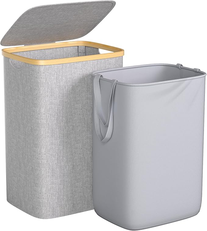 Foluck Large Laundry Hamper, 75L Waterproof Laundry Basket with Lid and Removable Bag, Collapsible Tall Clothes Hamper with Bamboo Handles for Clothes Toys in Dorm Bedroom Bathroom, Grey by Foluck