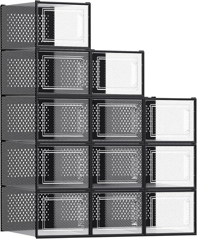 SONGMICS Shoe Boxes, Clear Plastic Sneaker Box, Pack of 12 | Stackable Shoe Storage Organizers, for Closet, 13.1 x 9.9 x 7.4 Inches, Transparent and Black, DENNYS Collection ULSP007B12 by Unknown