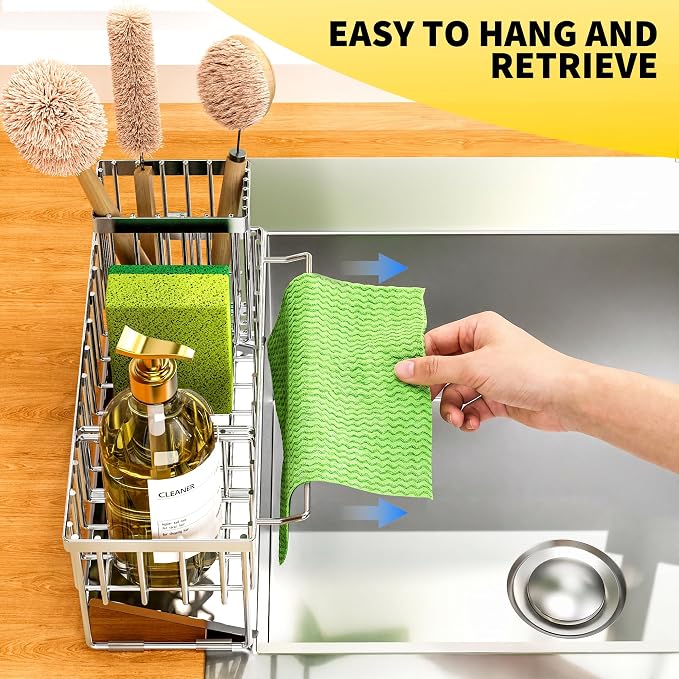 Cisily Kitchen Sink Caddy Organzier with High Brush Holder, Sponge Holder for Sink, 304 Rustproof Stainless, Kitchen Countertop Soap Dispenser Organizer (Silver With Towel Rack, 9.25″) - Image 3