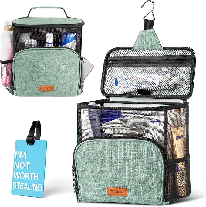 Hanging Toiletry Bag, Shower Caddy Tote Bag (Updated Version, Full Size Bottle Compatible), Bath Organizer for College Dorms, Gym, Camp, Women Men, with Funny Luggage Tag by HiVERST