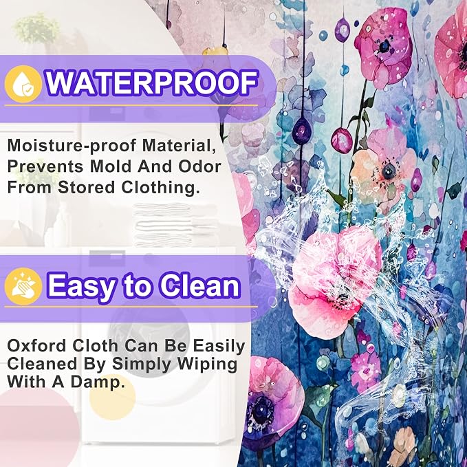 Colorful Flowers Laundry Basket Oxford Cloth Floral Hamper 18.9 x 16.5 Inch - Image 8