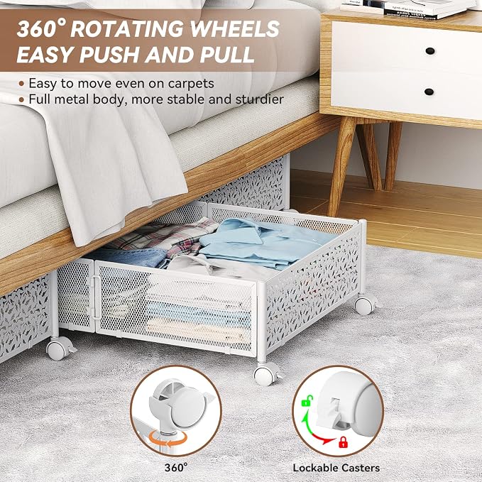 PHINOX Under Bed Storage with Wheels,Patterned,Sturdy Metal,4 Pack,White | Tool-free assembly, glide smoothly, easy reach, foldable, maxmazie low-profile beds, dorm, keep seasonal clothes, shoes fresh - Image 4