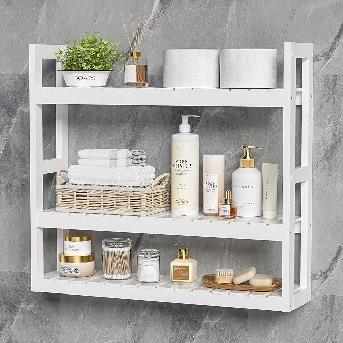 Domax Bathroom Shelves Over Toilet Storage - 3 Tier Wall Mounted Bamboo Bathroom Shelf Organizer Multifunctional Adjustable Layer Free Standing Utility Shelves for Bathroom Living Room Kitchen, White by Domax