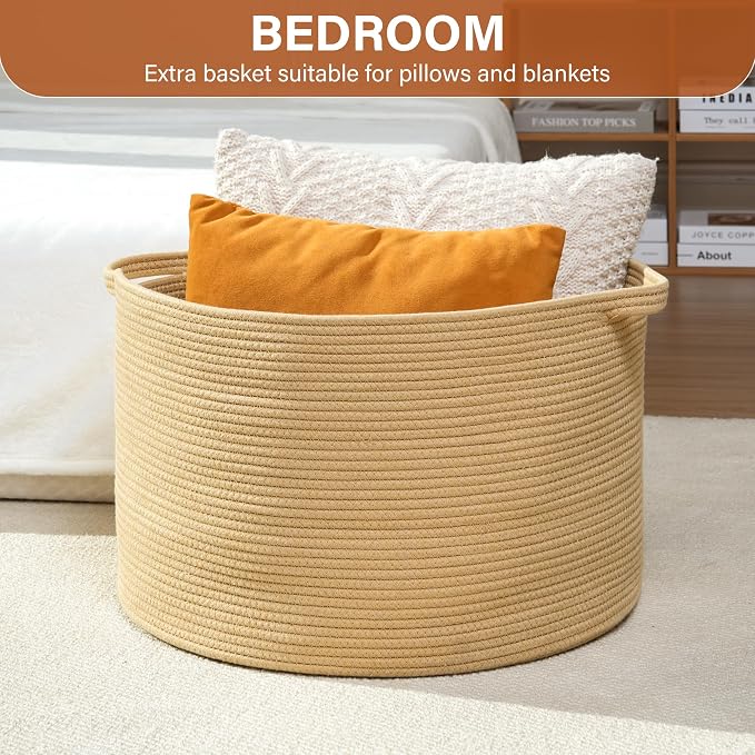 Foldable Laundry Hamper Basket with Collapsible Handle Cotton Rope Soft Woven Fabric Storage Organizer Clothes Toys Nursery Bedroom Dorm Space Saving Bin (Camel, 65L(19.7"D x 12.6"H)) - Image 4