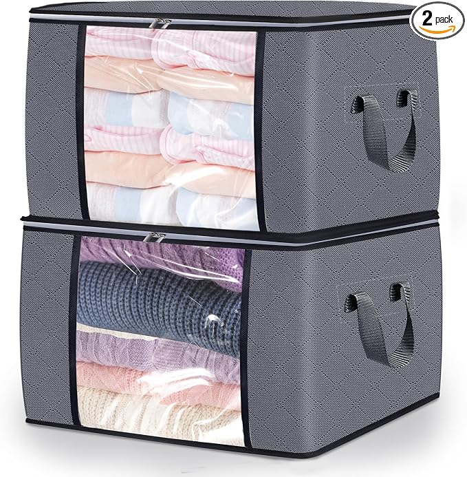 2 Pack Clothes Storage Bags, 90L Large Blanket Storage Bag Comforter Storage Bin with Reinforced Handle and Lid Foldable Closet Organizer and Storage Containers for Bedding Pillows Sheets and Duvet by BiCINE