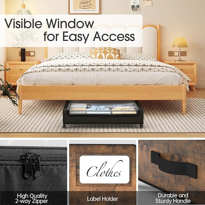 Yecaye Under Bed Storage with Wheels, 4 Pack Under Bed Storage Containers, Underbed Shoe Storage Organizer, Rolling Under Bed Metal Drawers for Clothes, Blankets, Brown - Image 5
