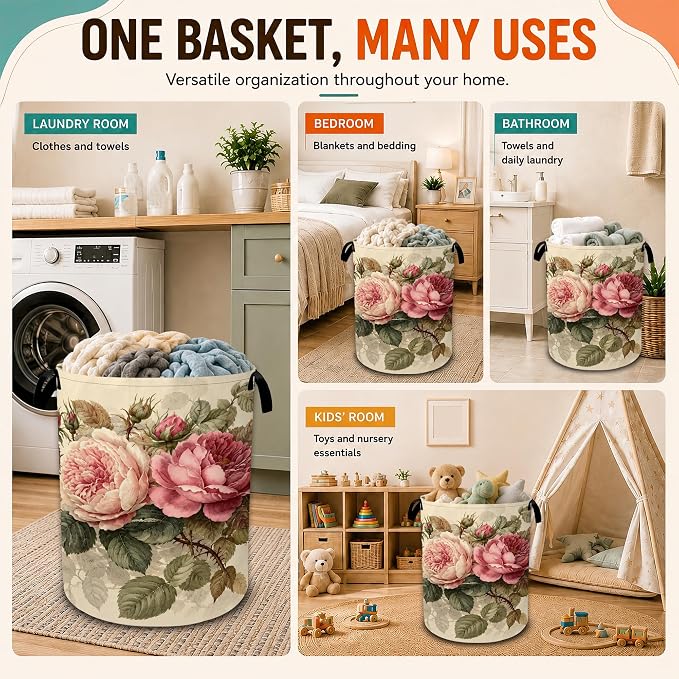 Vintage Peony Flower Laundry Basket,Foldable Oxford Laundry Hamper with Handles,Collapsible Clothes Storage Bucket Tote Bag for Laundry Room,Bathroom,Bedroom,Dorm - Image 7