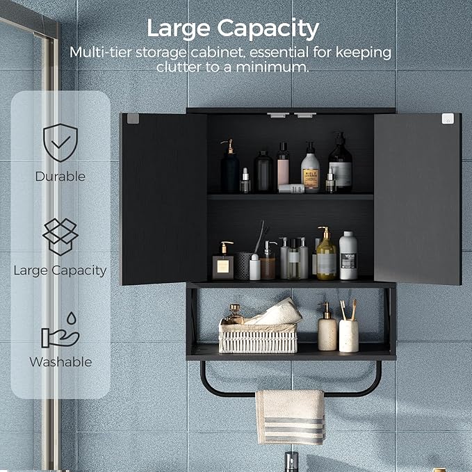 MAHANCRIS Bathroom Wall Cabinet with 2 Door and Adjustable Shelf, Farmhouse Medicine Cabinet with Towel Rack, 3-Tier Wall Mounted Storage Cabinet Over The Toilet for Bathroom, 18.9" L, Black - Image 4