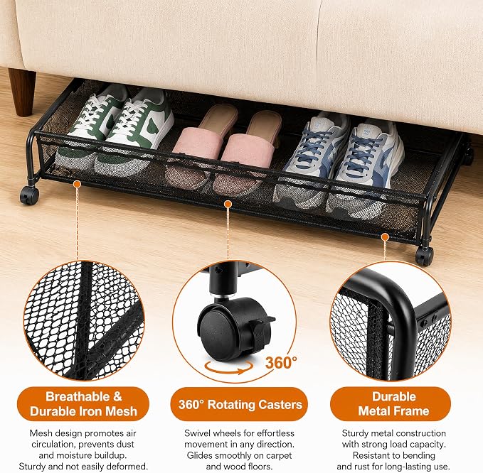 Goaste Under Bed Shoe Storage Organizer with Wheels, Rolling Underbed Storage Containers, Metal Shoe Rack Drawer Space Saving for Bedroom Organization, Shoes, Toys (Black) - Image 5