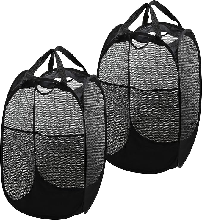 Simple Houseware Mesh Pop-Up Laundry Hamper with Side Pocket, 2 Pack, Black - Image 2