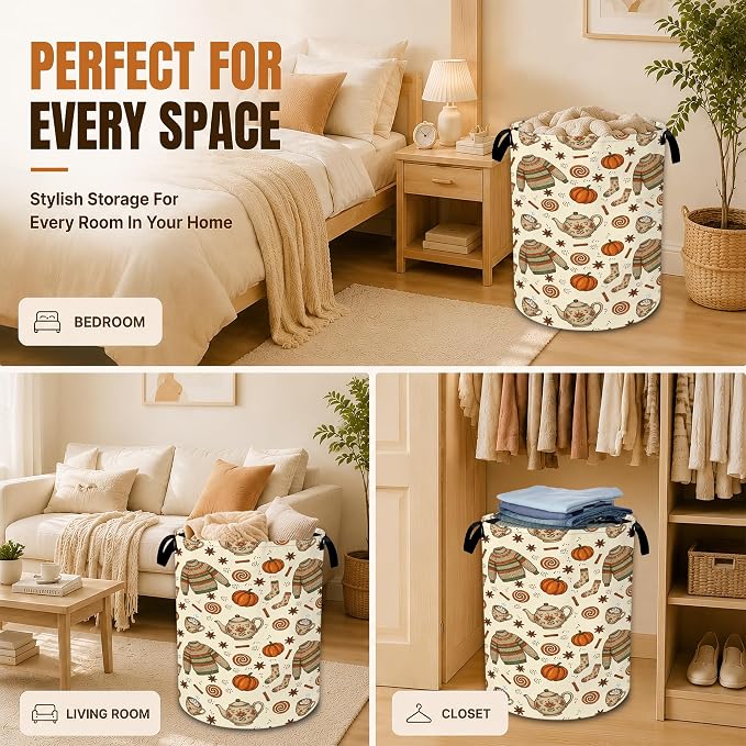 Autumn Sweater Laundry Basket,Fall Pumpkin Foldable Oxford Clothes Hamper with Handles, Portable Dirty Clothes Storage Bucket for Laundry Room Bedroom Bathroom Dorm Decor,20.8x16 Inch - Image 7