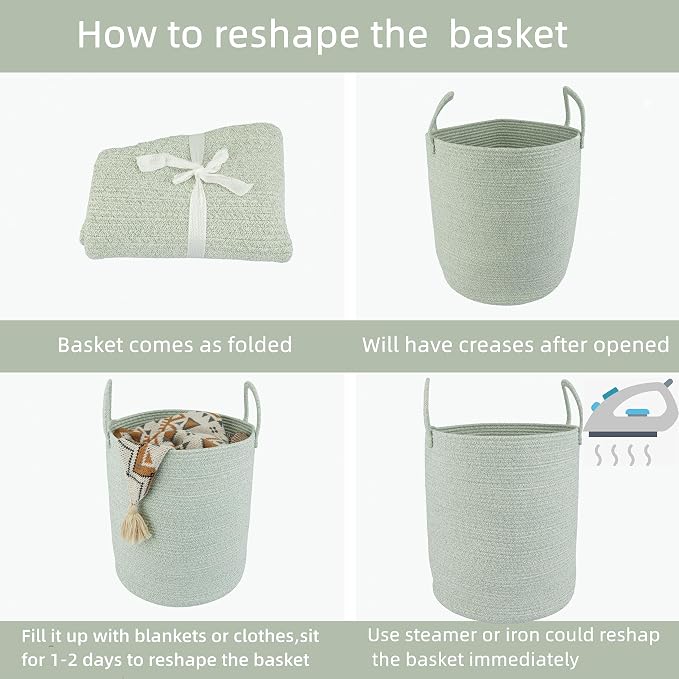 XUANGUO Cotton Rope Laundry Basket Hamper for Clothes, green - Image 7