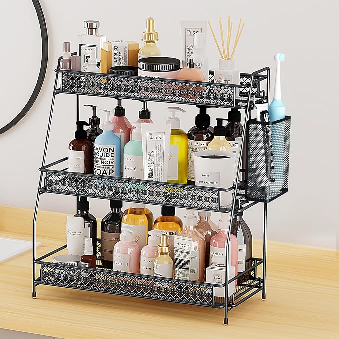 Vintage 3 Tier Bathroom Counter Organizer with Bonus Basket - Image 9