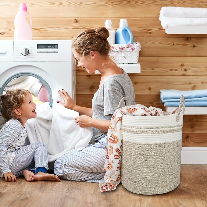 XUANGUO Cotton Rope Laundry Basket Hamper for Clothes Large Brown and White - Image 4