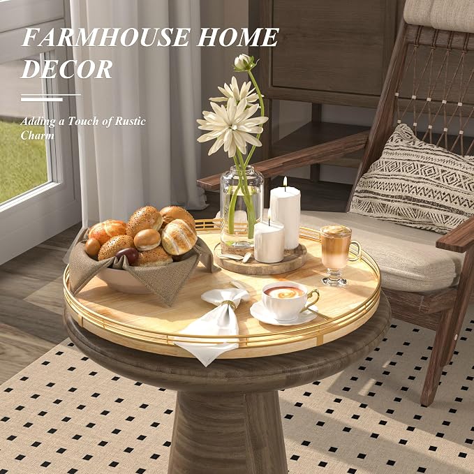 AMH 18-Inch Rustic Lazy Susan with Solid Oak Base and Black Iron Rail - Image 3