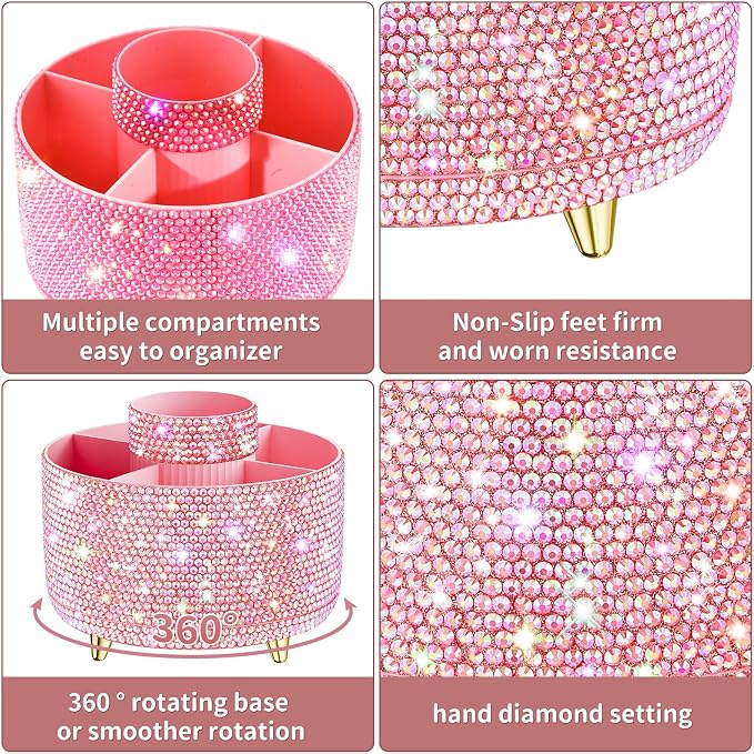 fanado Bling 360° Rotate Makeup Brush Holder Organizer, Makeup Organizers Countertop, Makeup organization and Skincare Storage for Vanity, Gift for Women Girls (Bling dz-Pink) - Image 3