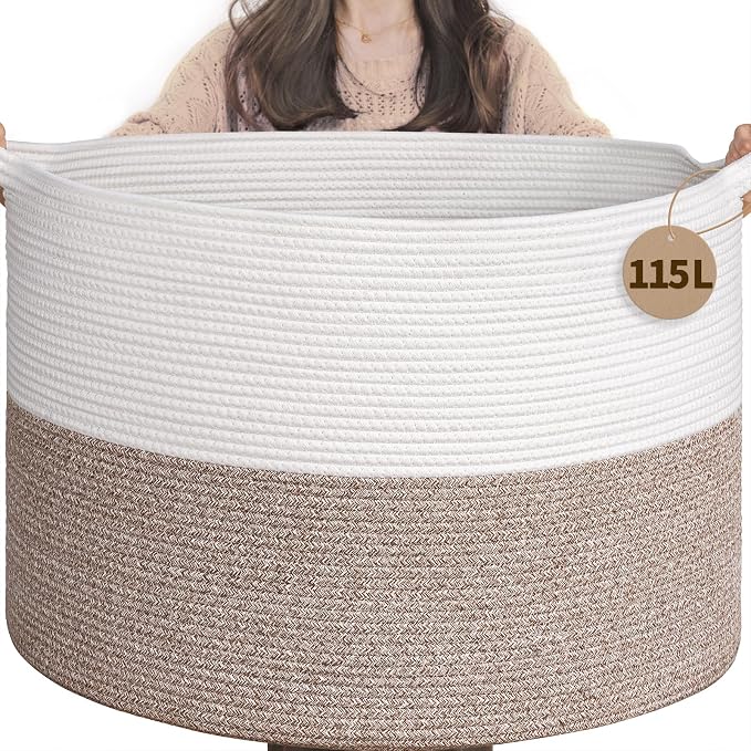 INDRESSME 115L Extra Large Woven Rope Blanket Basket Living Room, Brown by INDRESSME