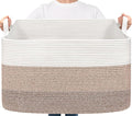 Goodpick Large Woven Blanket Basket 23.6" x 15.7" x 13.8" Cotton Rope Storage Organizer for Dirty Clothes Pillows, Soft Toy Storage Basket for Nursery Home Decor, White & Light Brown by Goodpick
