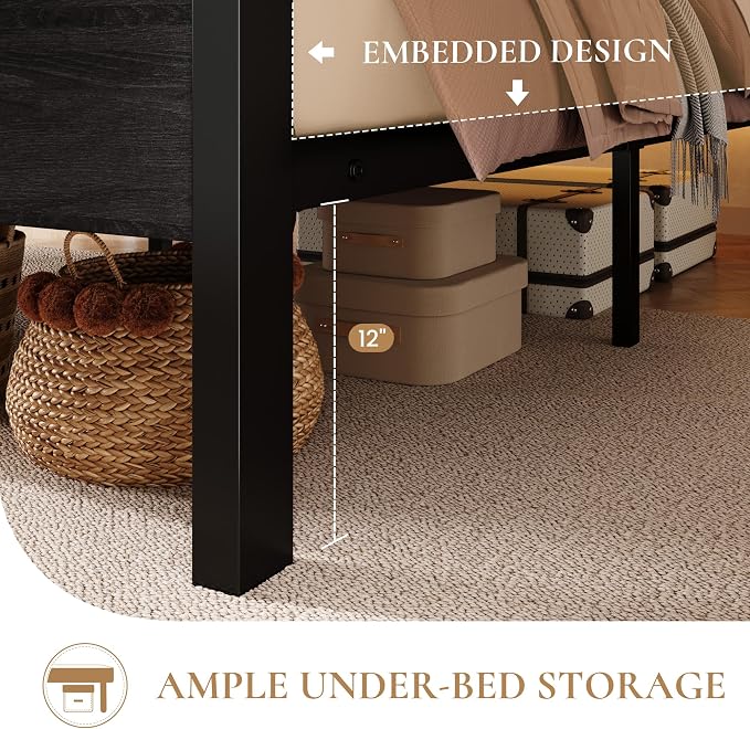 SHA CERLIN King Bed Frame, 2-Tier Storage Headboard, LED, Charging Station - Image 6
