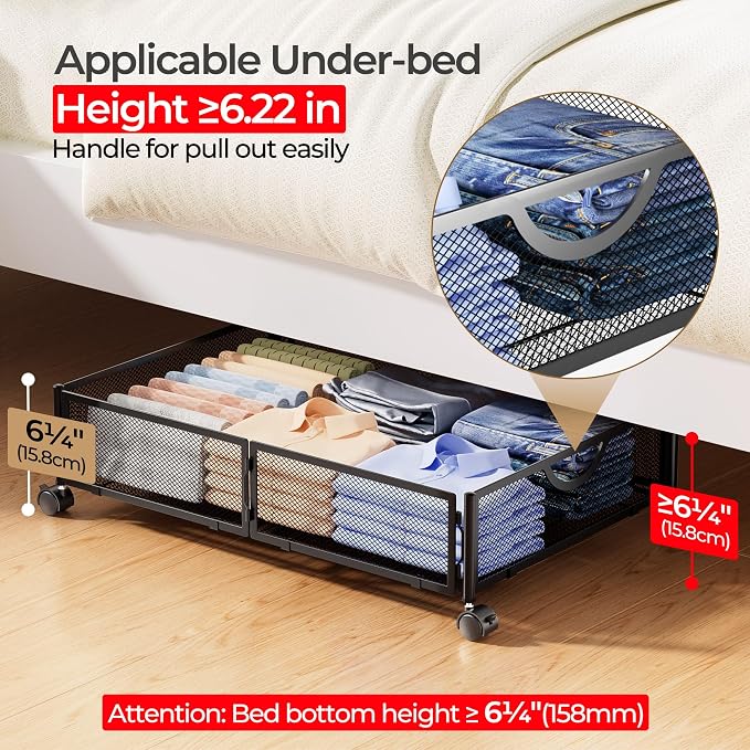 Yecaye Under Bed Storage with Wheels, 4 Pack Under Bed Shoe Storage, Black | Sturdy All-Metal Frame, Foldable, 360° Rolling Wheels, Tool-free Assembly, Underbed Storage Drawers for Shoes, Toys, Clothes - Image 4