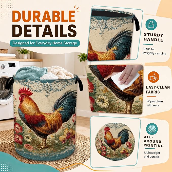 Vintage Rooster Flower Laundry Basket,Foldable Oxford Laundry Hamper with Handles,Portable Clothes Tote Bag Clothes Storage Bucket Organizer 20.8" x16" For Bathroom/Laundry Storage/Bedroom - Image 3
