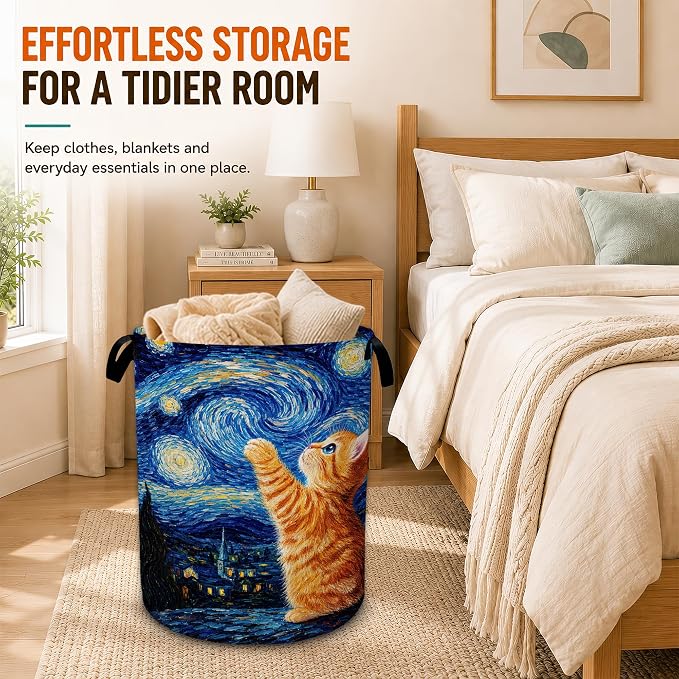 Starry Night Laundry Basket,Cute Cat Large Collapsible Portable Round Laundry Hamper with Handles,Oxford Storage Bin for Clothes,Blankets,Bedroom,Bathroom - Image 6