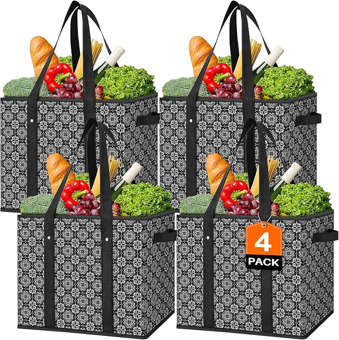 Reusable Grocery Bags 4 Pack, Foldable & Water Resistant Shopping Bags by WiseLife
