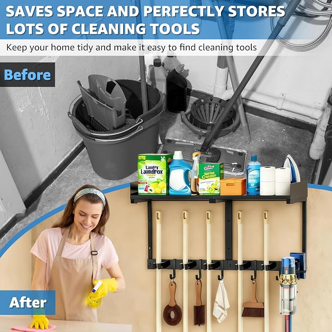 27" Mop and Broom Holder Wall Mount with Top Storage Shelf & Hooks,Black - Image 3