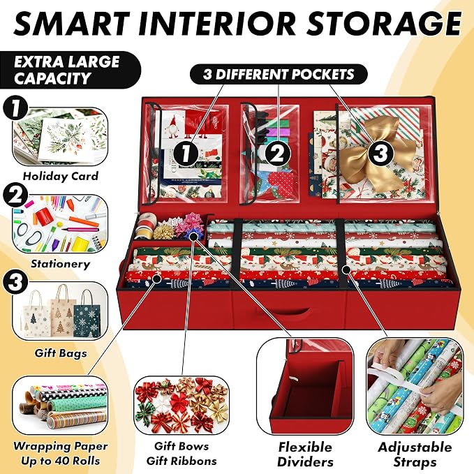 Simple Houseware 41.5" Wrapping Paper Organizer, Fits 40 Rolls, Red - Image 4