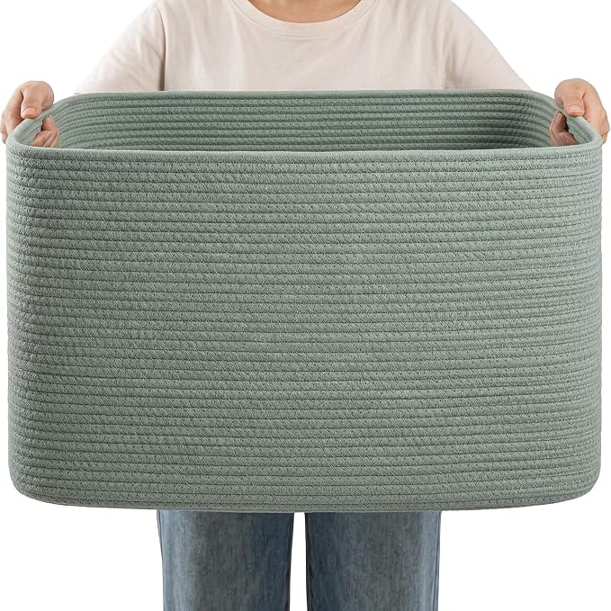 75L Green Cotton Rope Storage Basket, Large Rectangle Laundry Hamper with Handles, 22”x17”x12” Woven Blanket and Toy Basket for Living Room, Bedroom and Nursery by Hobasket