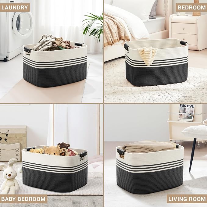 86L Large Woven Laundry Basket Hamper with Leather Handles,Black - Image 4