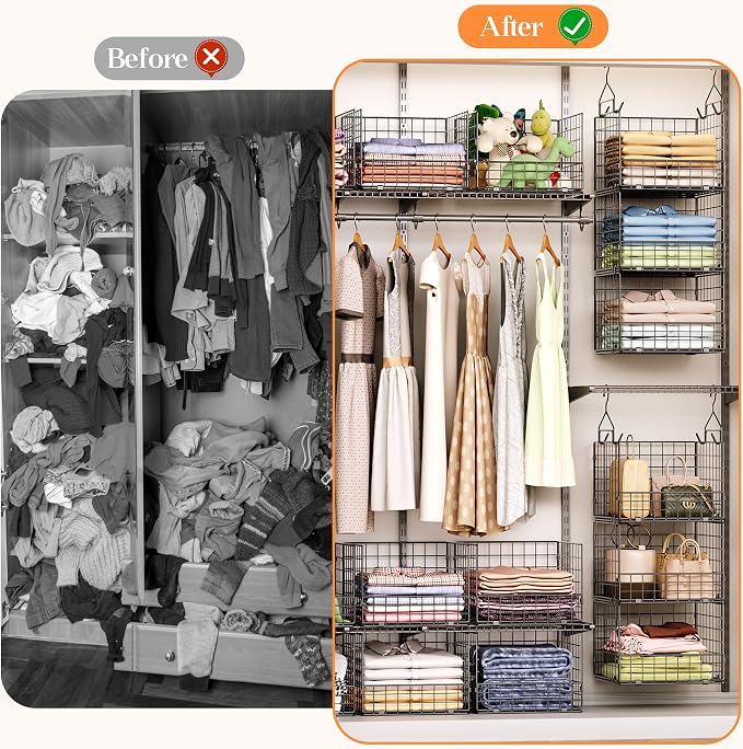 Sonyabecca 3-Tier Closet Organizers and Storage, Foldable Stackable Wire Basket Bins with 5 S Hooks, Space-Saving Hanging Closet Shelf for Clothing, Sweaters, Handbags, Hats,Purse - Image 8