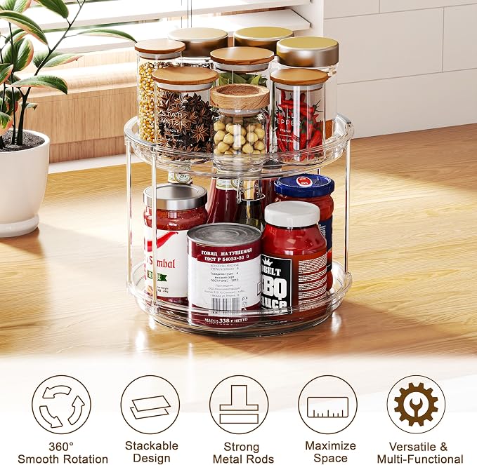 2 Pack 2 Tier Lazy Susan Turntable Organizer 9.25 inch, Rotating Spice Rack Organization for Cabinet, Bathroom, Pantry, Countertop, Kitchen, Vanity, Medicine Cabinet Organizer, Clear - Image 2