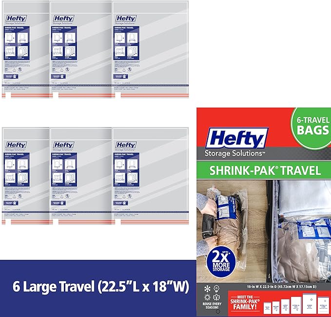 Hefty Shrink-Pak Large Travel Bags - Airtight Storage Bags for Maximum Space Saving, Travel Essentials, Ideal for Packing, Durable, Reliable Compression with Sealed Protection (Pack of 2) - Image 4