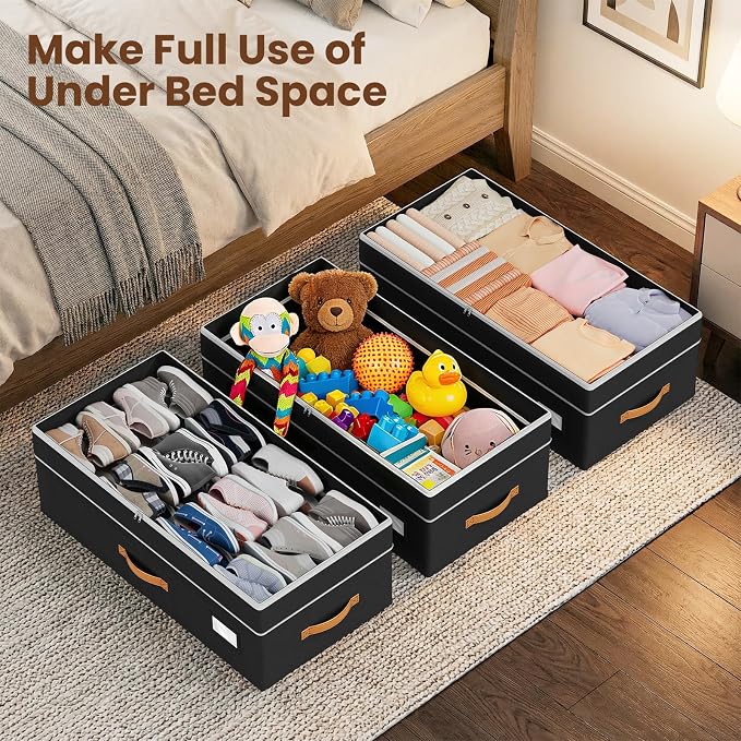 Budding Joy 80L 2 Pack Adjustable Under Bed Storage with Wheels | Underbed containers with clear lids, rolling under bed shoe storage organizer for dorm home clothes, blankets, toys, black - Image 6