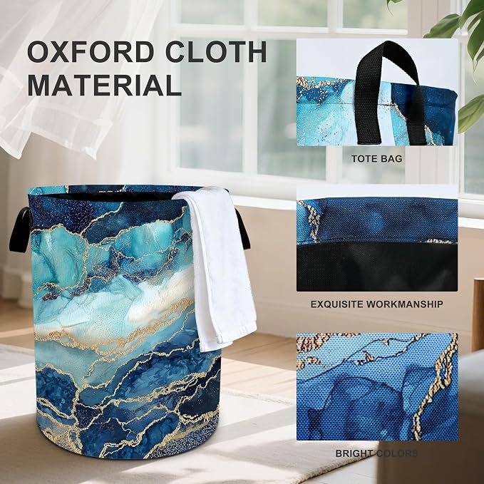 Marble Teal Laundry Basket Storage Bin Foldable Laundry Hamper Clothes Storage Bucket Organizer 19.6x15.7 Inch For Laundry Room/Bedroom/Bathroom - Image 3