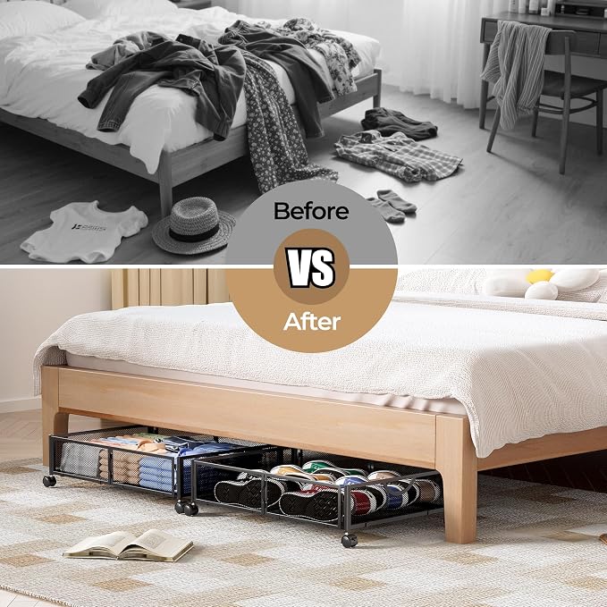 Yecaye Under Bed Storage with Wheels, 2 Pack Under Bed Shoe Storage, Black | Sturdy All-Metal Frame, Foldable, 360° Rolling Wheels, Tool-free Assembly, Underbed Storage Drawers for Shoes, Toys, Clothes - Image 6